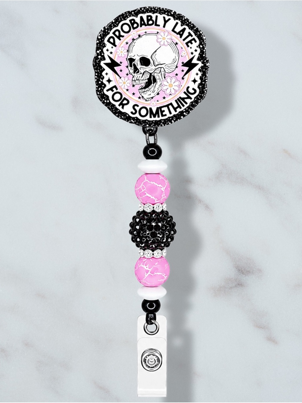 Probably Late For Something Skull Beaded Badge Reel